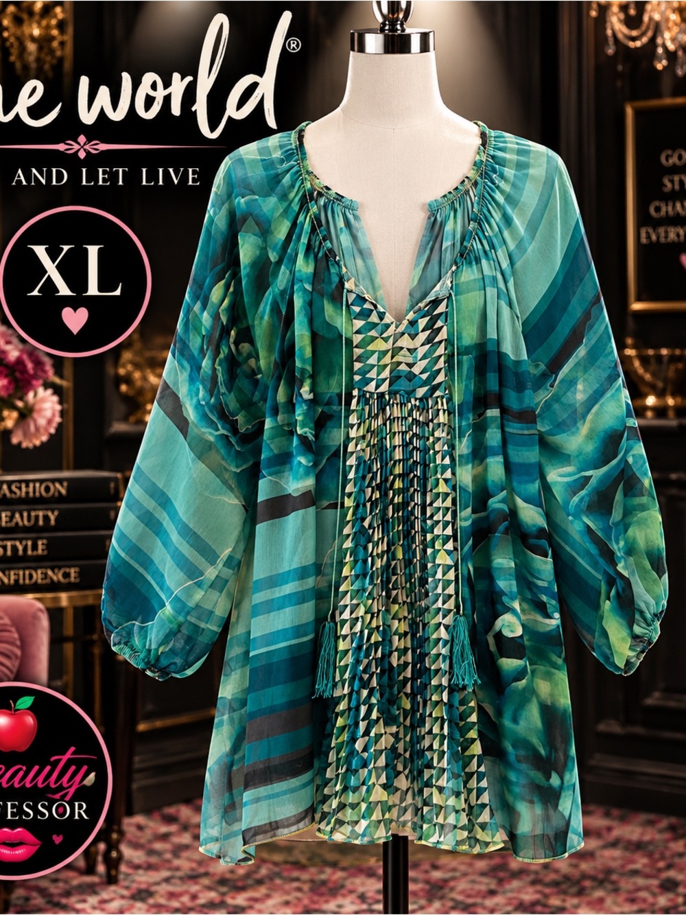 💕One World XL Teal Boho Mixed Print Sheer Tunic Dress Tassel Top